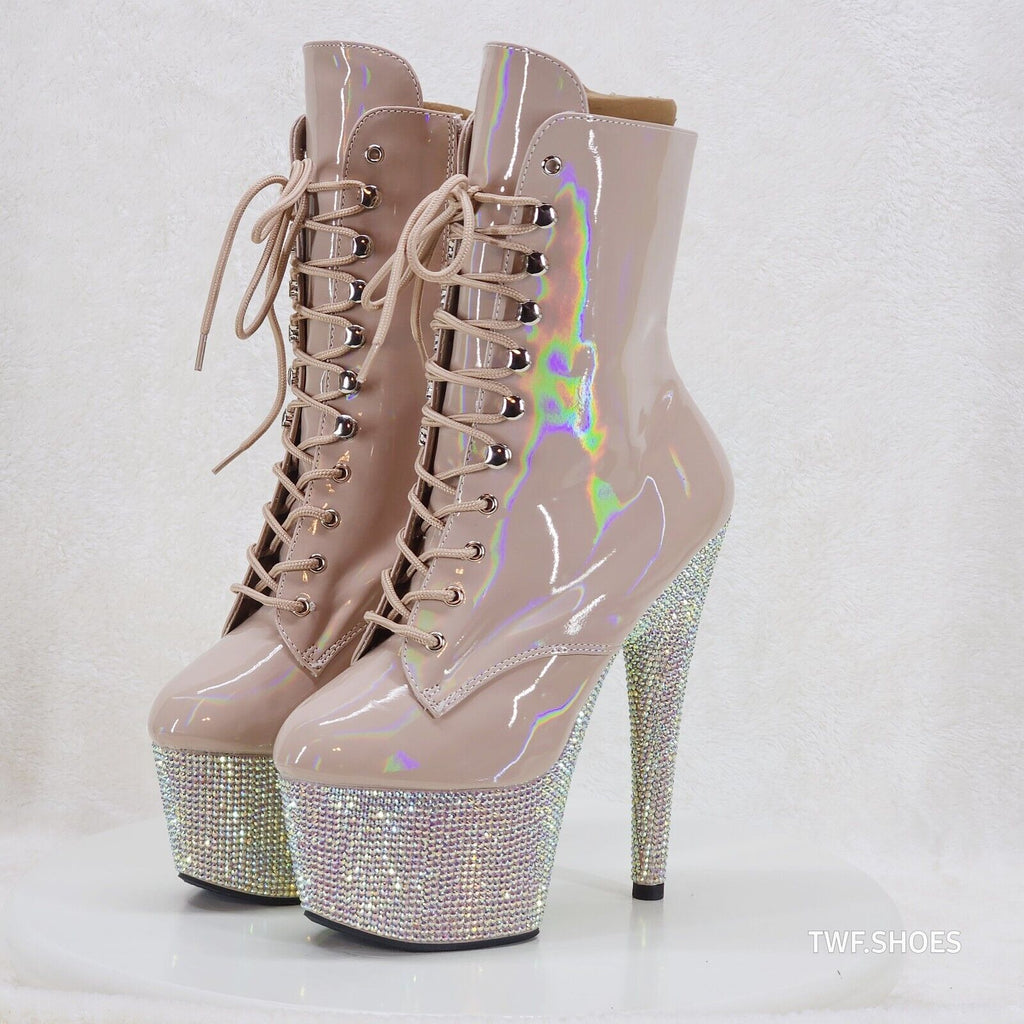 Bejeweled Nude Rhinestone Platform Lace Up Ankle Boots 7" High Heels IN HOUSE - Totally Wicked Footwear