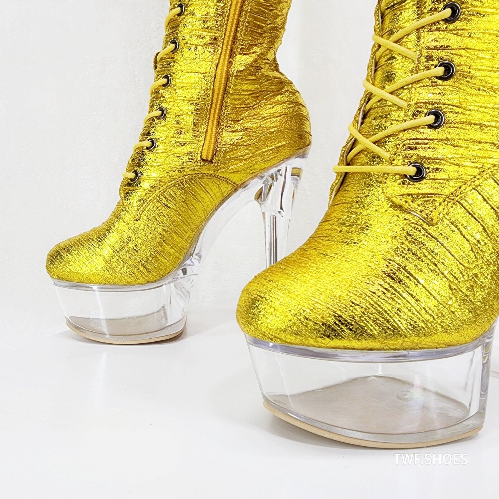 Bulls Metallic Yellow Gold OTK Clear Platform High Heel Thigh Boots - Totally Wicked Footwear