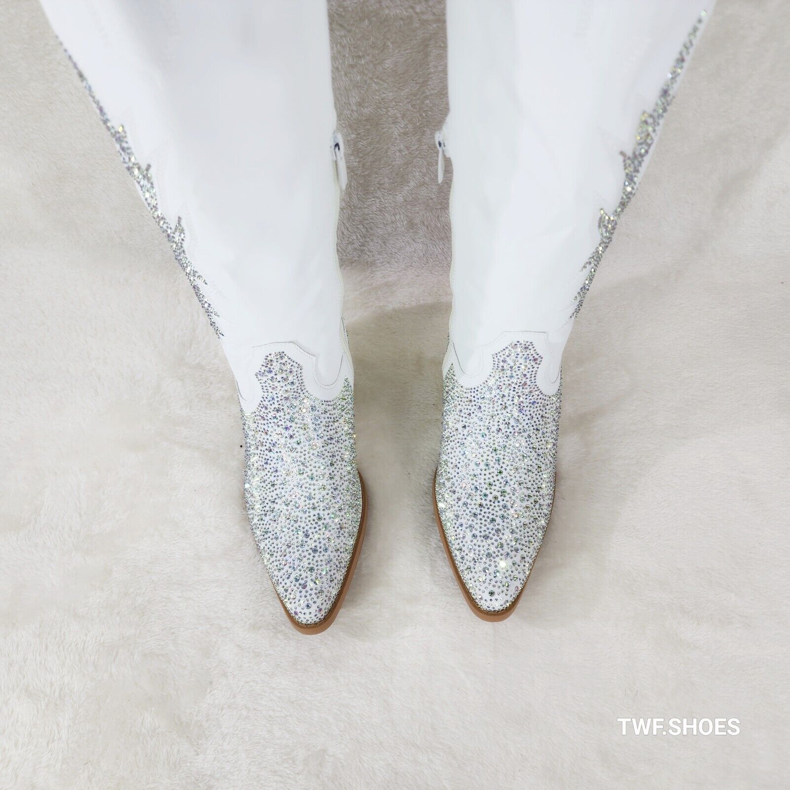 Annie White Leatherette With Rhinestones Country Glam Western Cowgirl Knee Boots - Totally Wicked Footwear