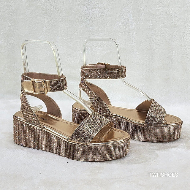 Flashy Rose Gold Ankle Strap Sparkling Rhinestone Wedge 2" Platform Sandals - Totally Wicked Footwear