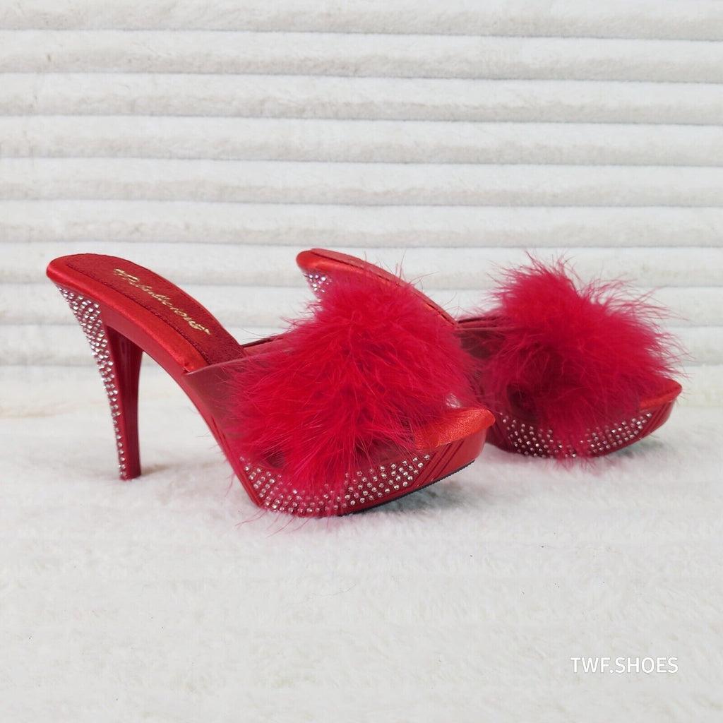 Elegance Marabou Feather Slip On Platform Sandals 5" Stiletto Heel Shoes red - Totally Wicked Footwear