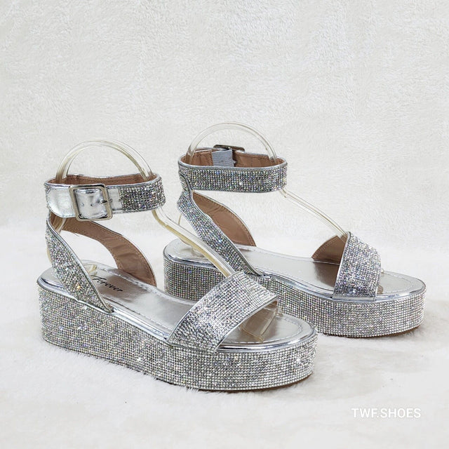 Flashy Silver Ankle Strap Sparkling Rhinestone Wedge 2" Platform Sandals - Totally Wicked Footwear