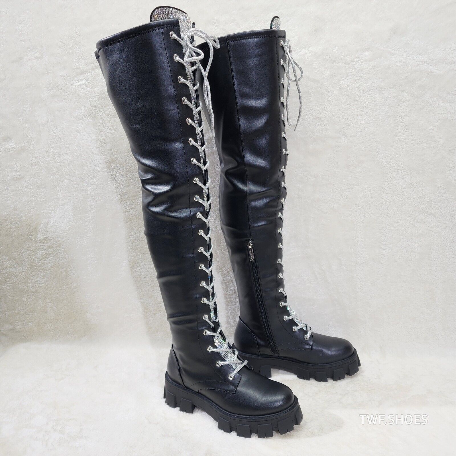 Roscoe Black Combat Thigh High Boots Iridescent Rhinestone Tongue Metallic Laces - Totally Wicked Footwear