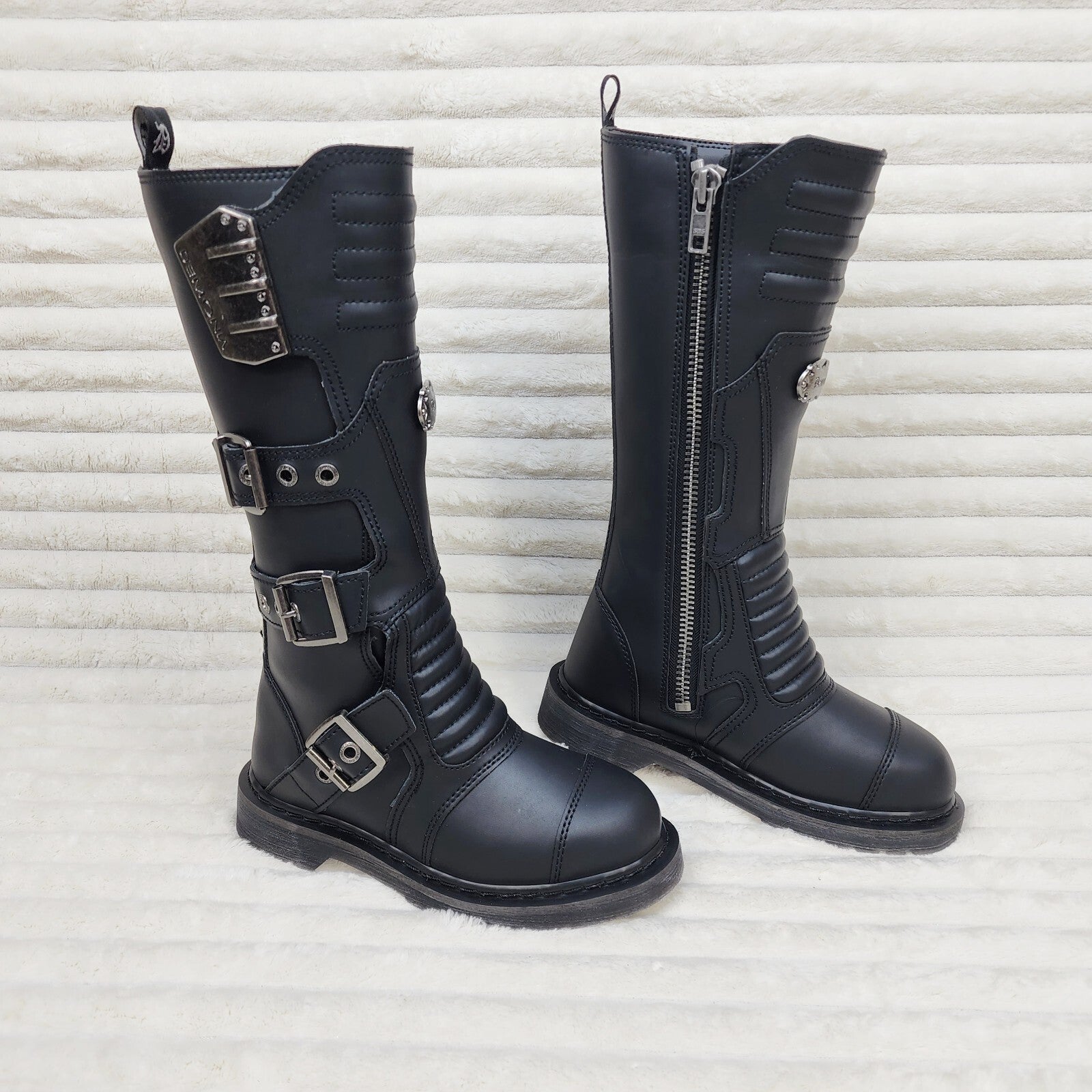 DEMONIA Bolt 405 Goth Combat Biker Knee Boots Black Matte Men Sizes