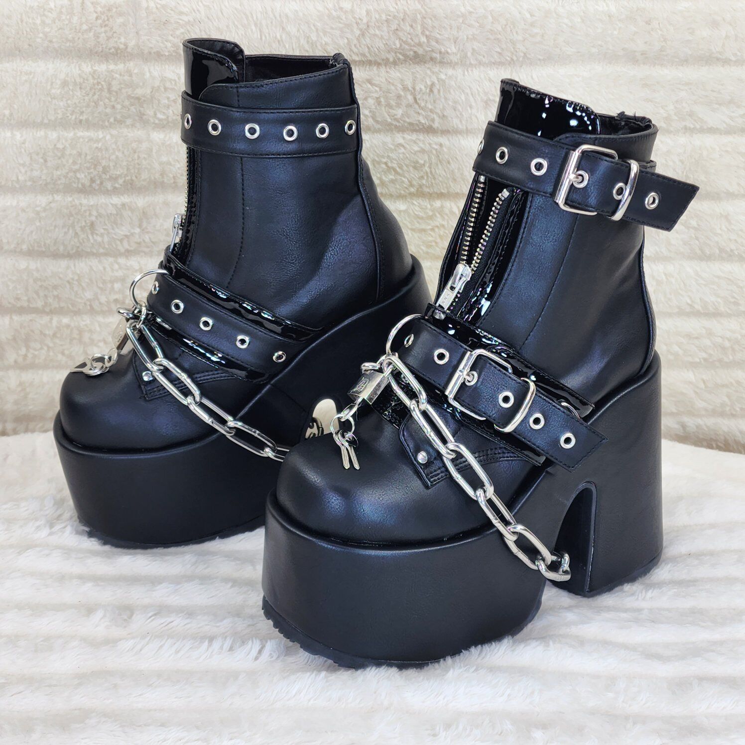 Camel 205 Chain & Padlock Platform Goth Ankle Boots Front Zipper & Straps - Totally Wicked Footwear