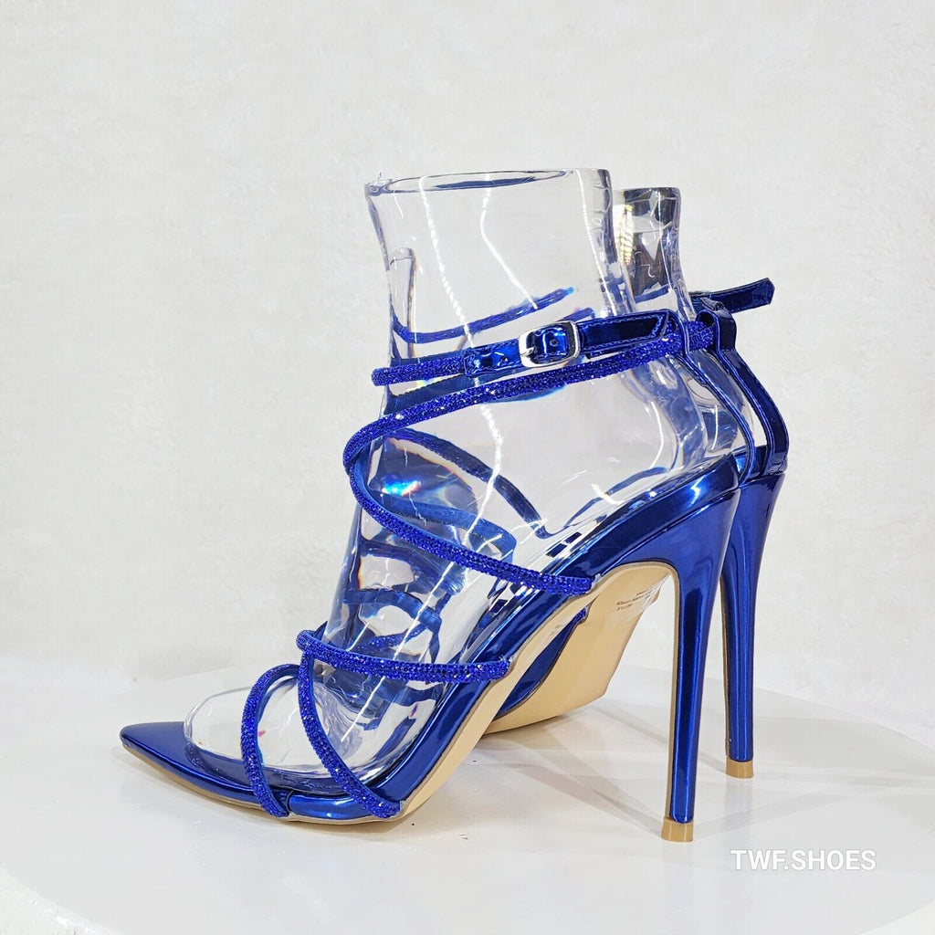 Party Town Blue Metallic Strappy Rhinestone Pointy Toe High Heels