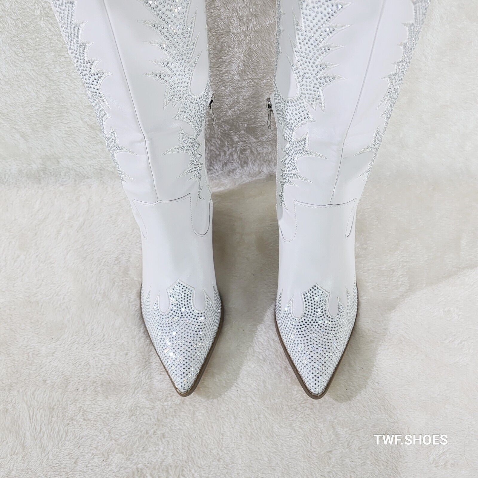 Rodeo Flash White Matte Rhinestone Western Knee High Cowgirl Boots - Totally Wicked Footwear