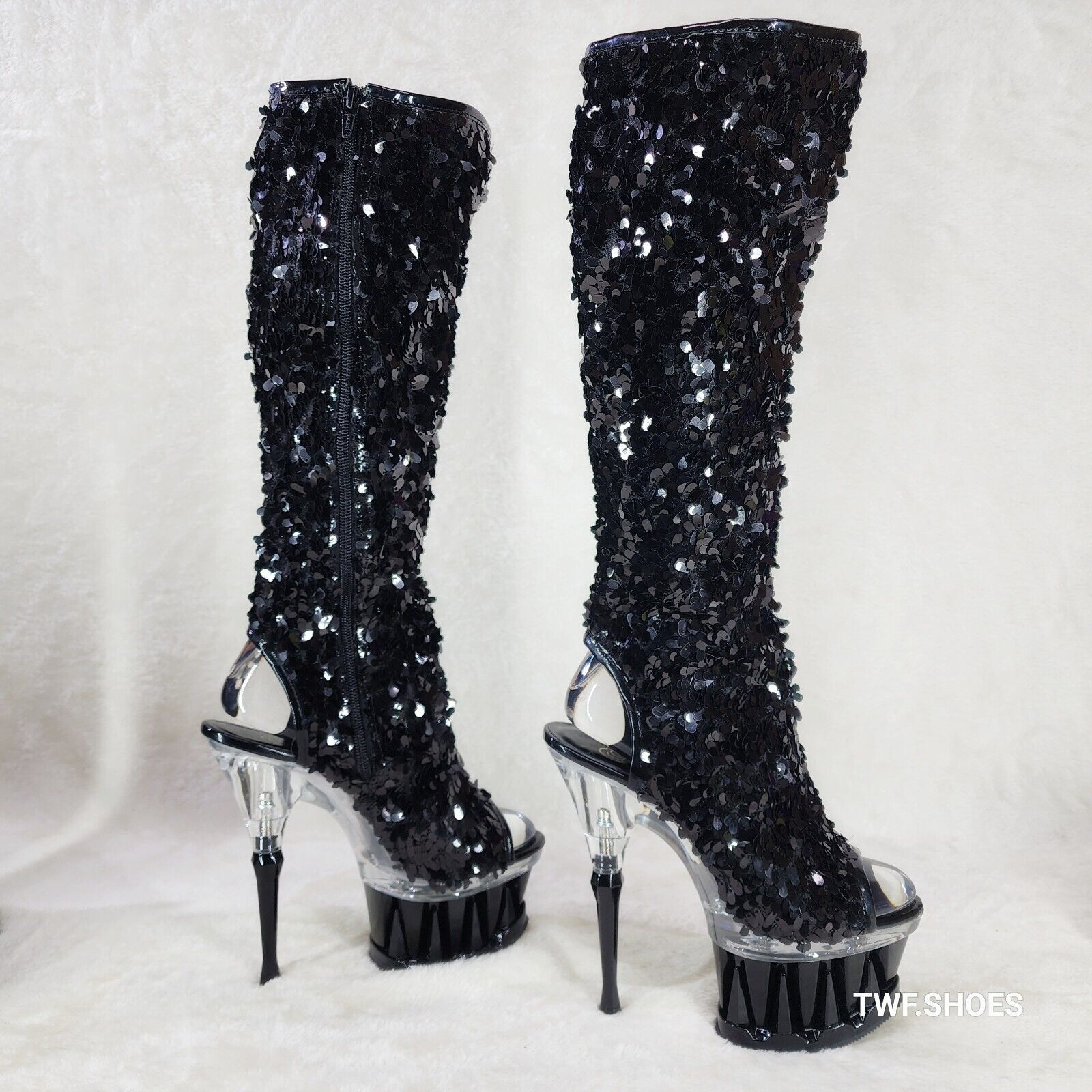 Pleaser Spiky Black Sequin Knee Boots Spiked Design Platform - Totally Wicked Footwear