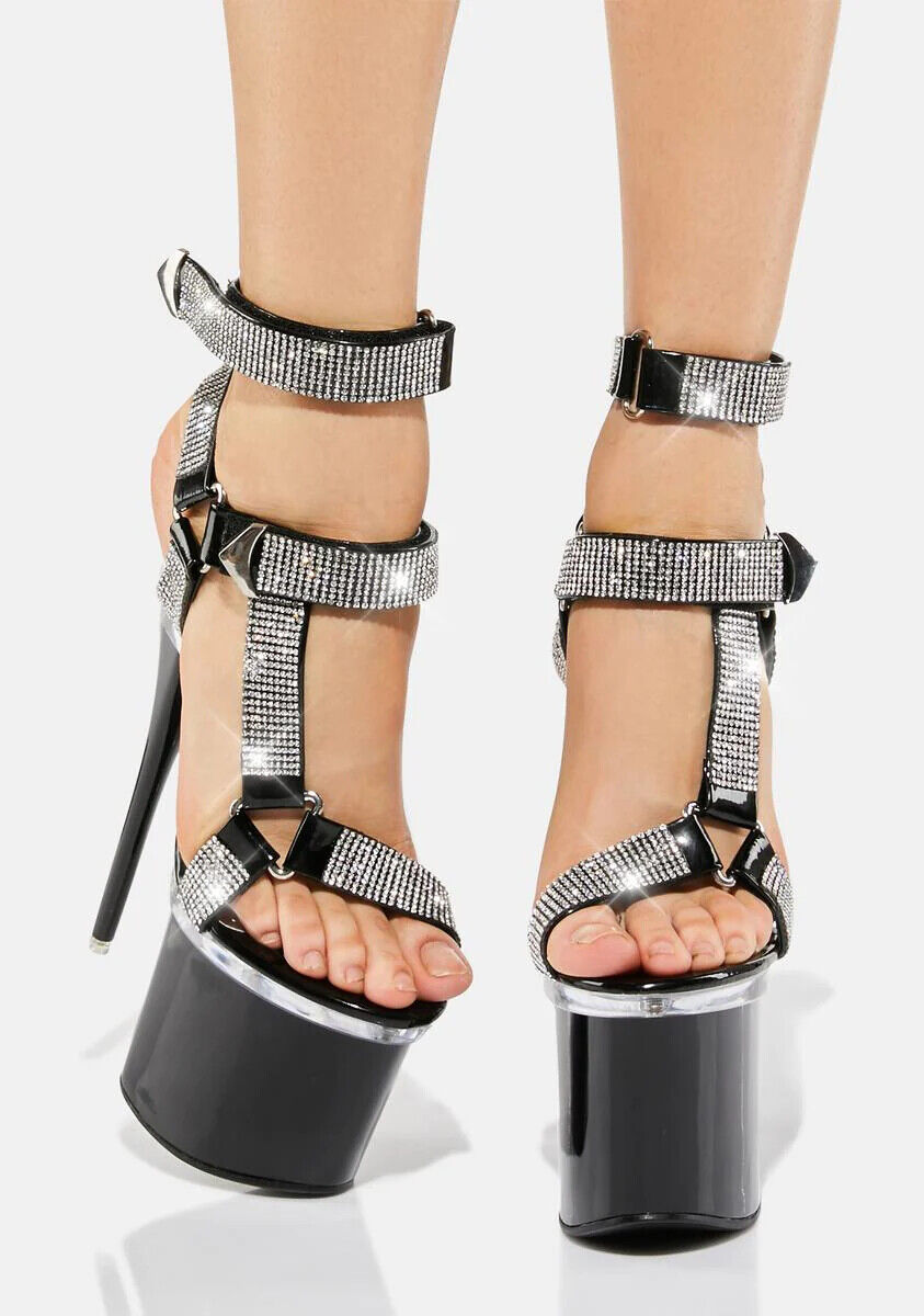 Bulls Black Slim Stiletto 8" Heel Rhinestone Harness Strap Platform Shoes - Totally Wicked Footwear