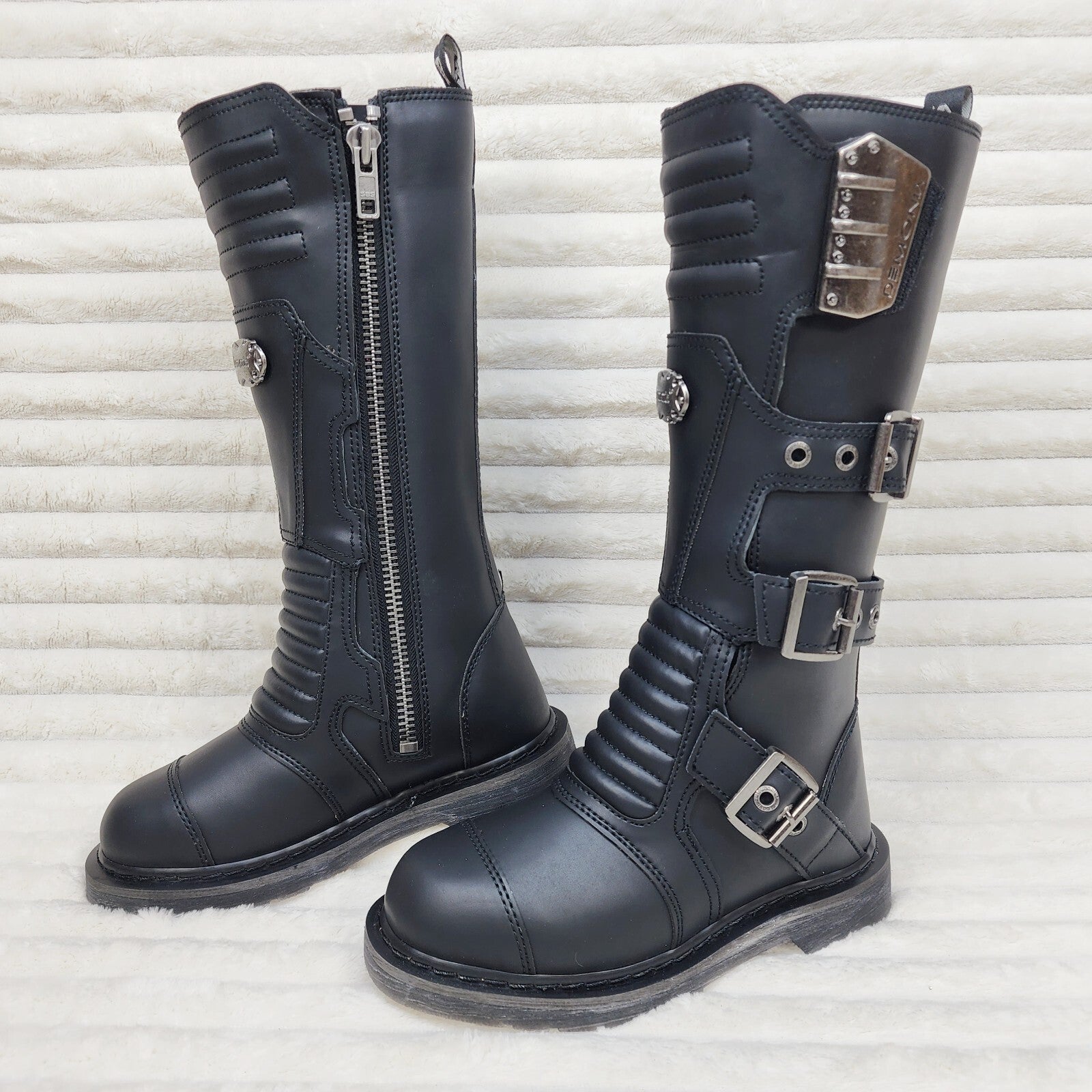 DEMONIA Bolt 405 Goth Combat Biker Knee Boots Black Matte Men Sizes
