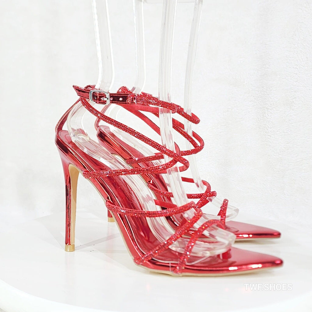 Party Town Red Metallic Strappy Rhinestone Pointy Toe High Heels