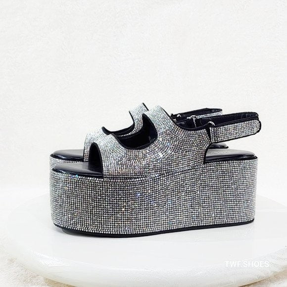 Oh Yeah Black 3" Platform Sparkling Iridescent Rhinestone Flatform Sandals - Totally Wicked Footwear