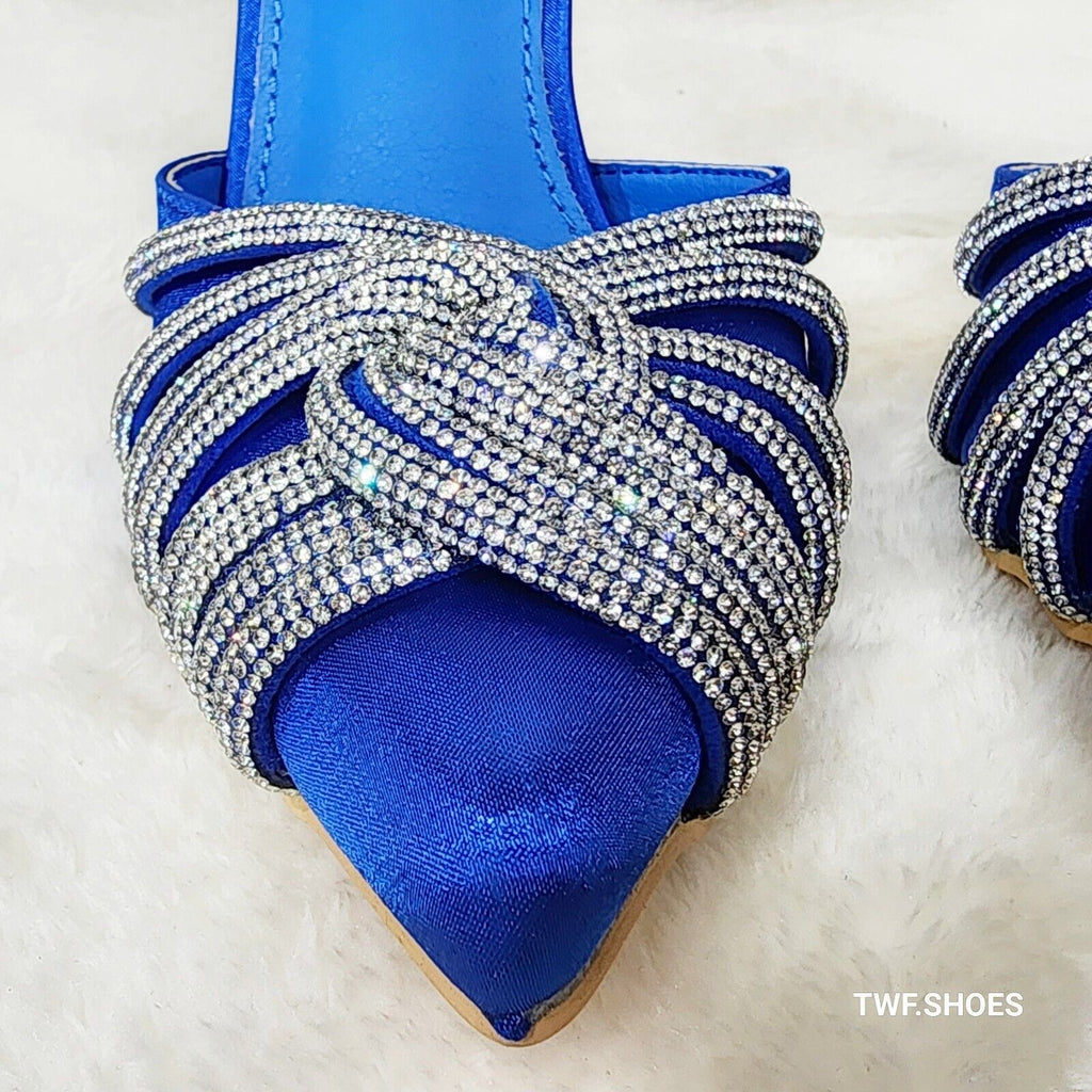 Elegance Slip on Slingback Blue Satin Rhinestone Pointy Toe High Heels Shoes