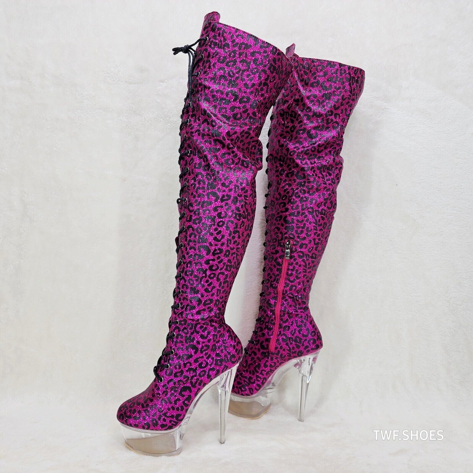 Bulls Hot Pink Leopard Glitter Over the Knee Clear Platform High Heel Thigh Boot - Totally Wicked Footwear