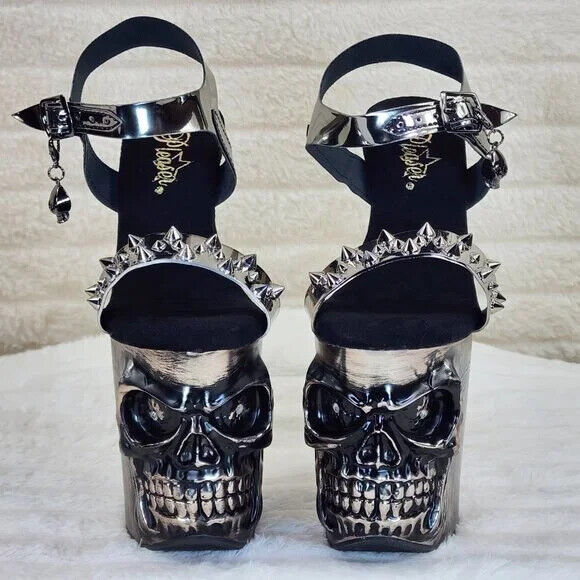 Rapture Silver Pewter Spike Skull & Bones LED 8" High Heel Platform Shoes NY - Totally Wicked Footwear