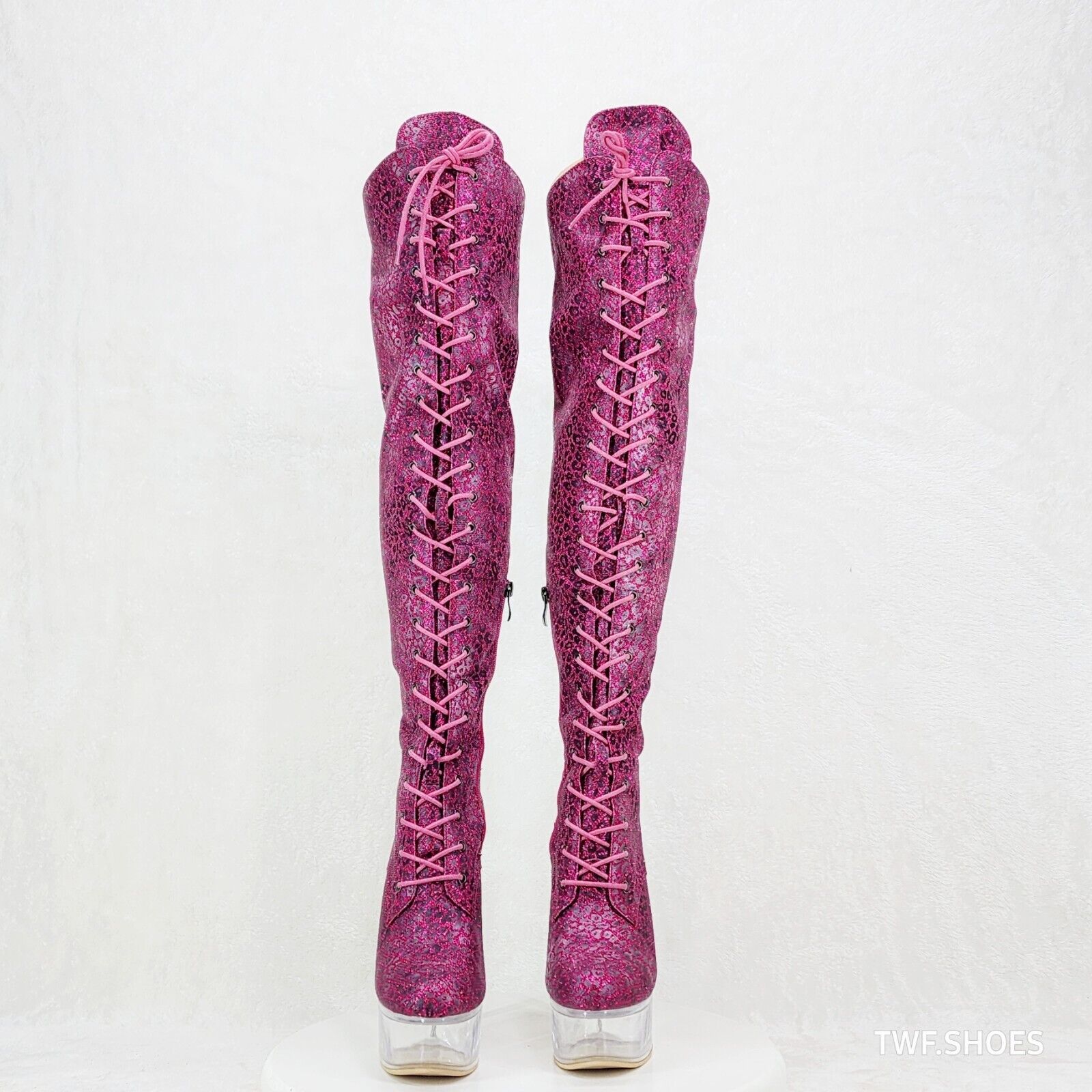 Bulls Purple Glitter Leopard Print OTK Clear Platform High Heel Thigh Boots - Totally Wicked Footwear