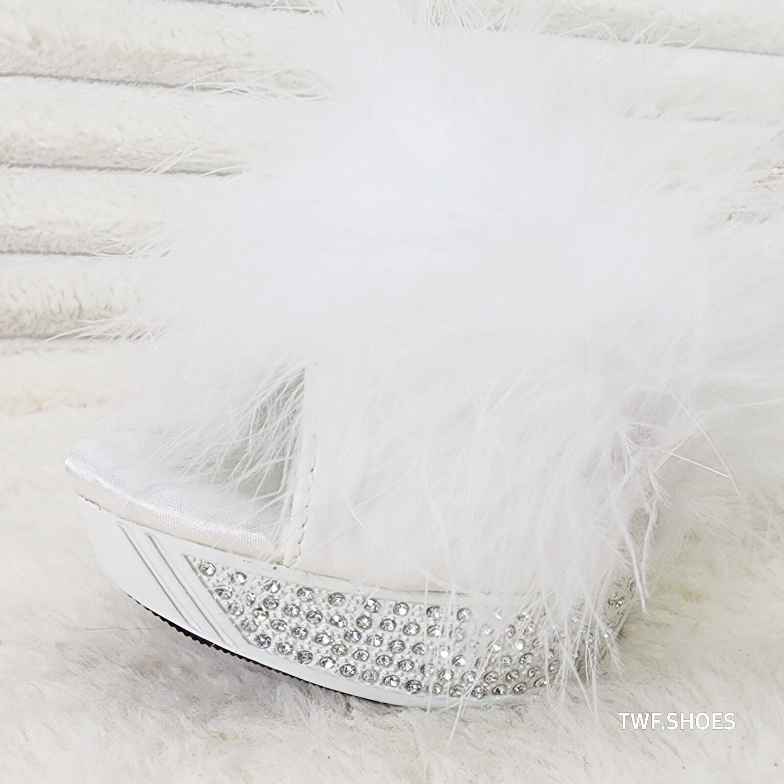 Elegance Marabou Feather Slip On Platform Sandals 5" Stiletto Heel Shoes White - Totally Wicked Footwear