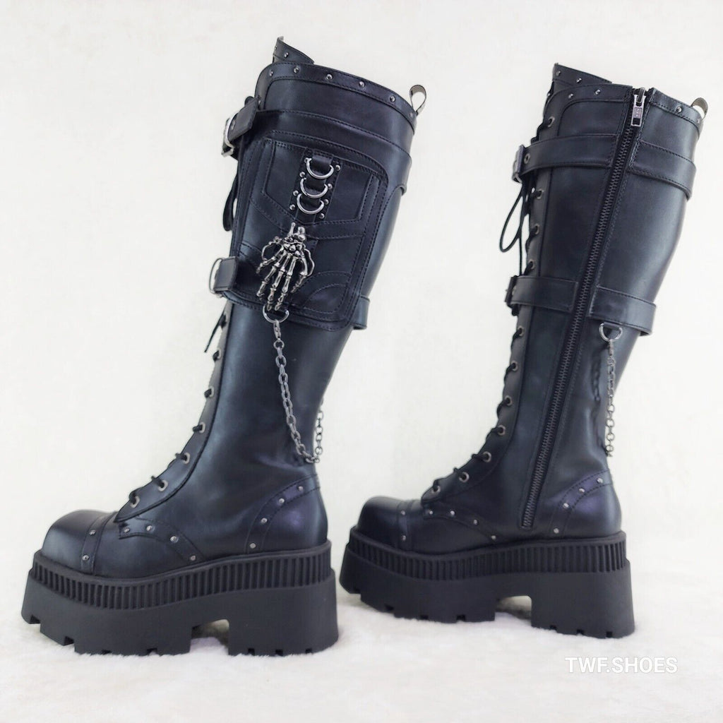 Wicked Wrath Square Toe Goth Lace Up Knee High Boots Skull Hand In House DEMONIA - Totally Wicked Footwear