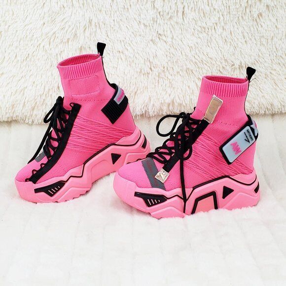 Wang Damson Pull On Knit Platform Sneaker Boots 4" Hidden Wedge Pink Knit - Totally Wicked Footwear