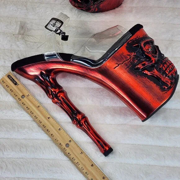 Rapture Clear Metallic Red Skull & Bones 8" High Heel Platform Shoes - Totally Wicked Footwear