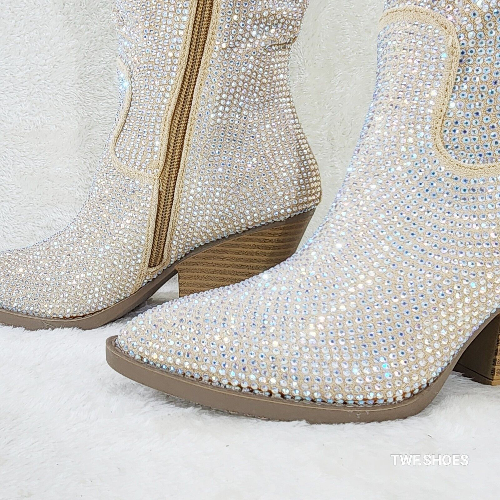 Angel Rider Beige W/ Rhinestones Country Glam Western Cowgirl Slouch Knee Boots - Totally Wicked Footwear
