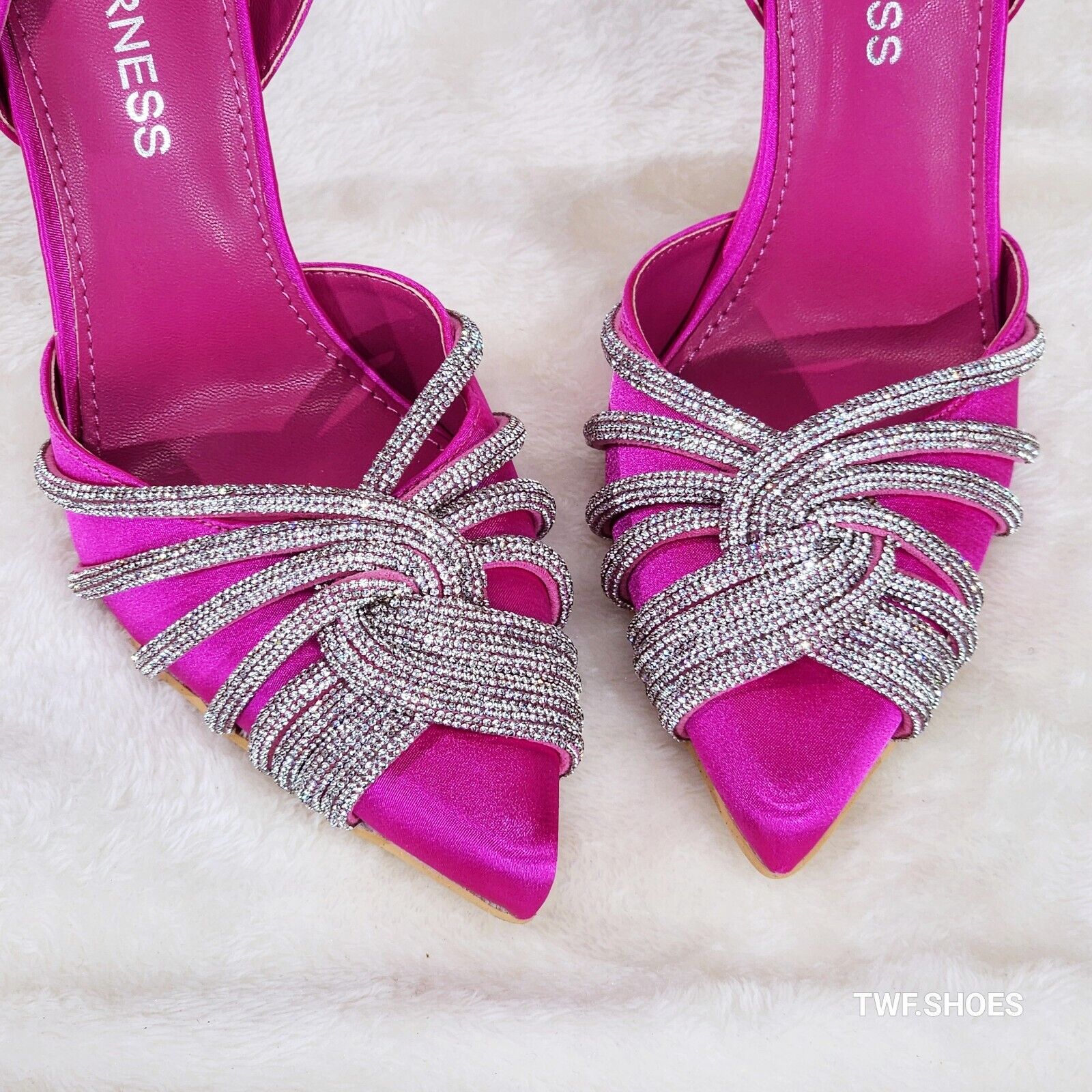 Elegance Slip on Slingback Fuchsia Satin Rhinestone Pointy Toe High Heels Shoes - Totally Wicked Footwear