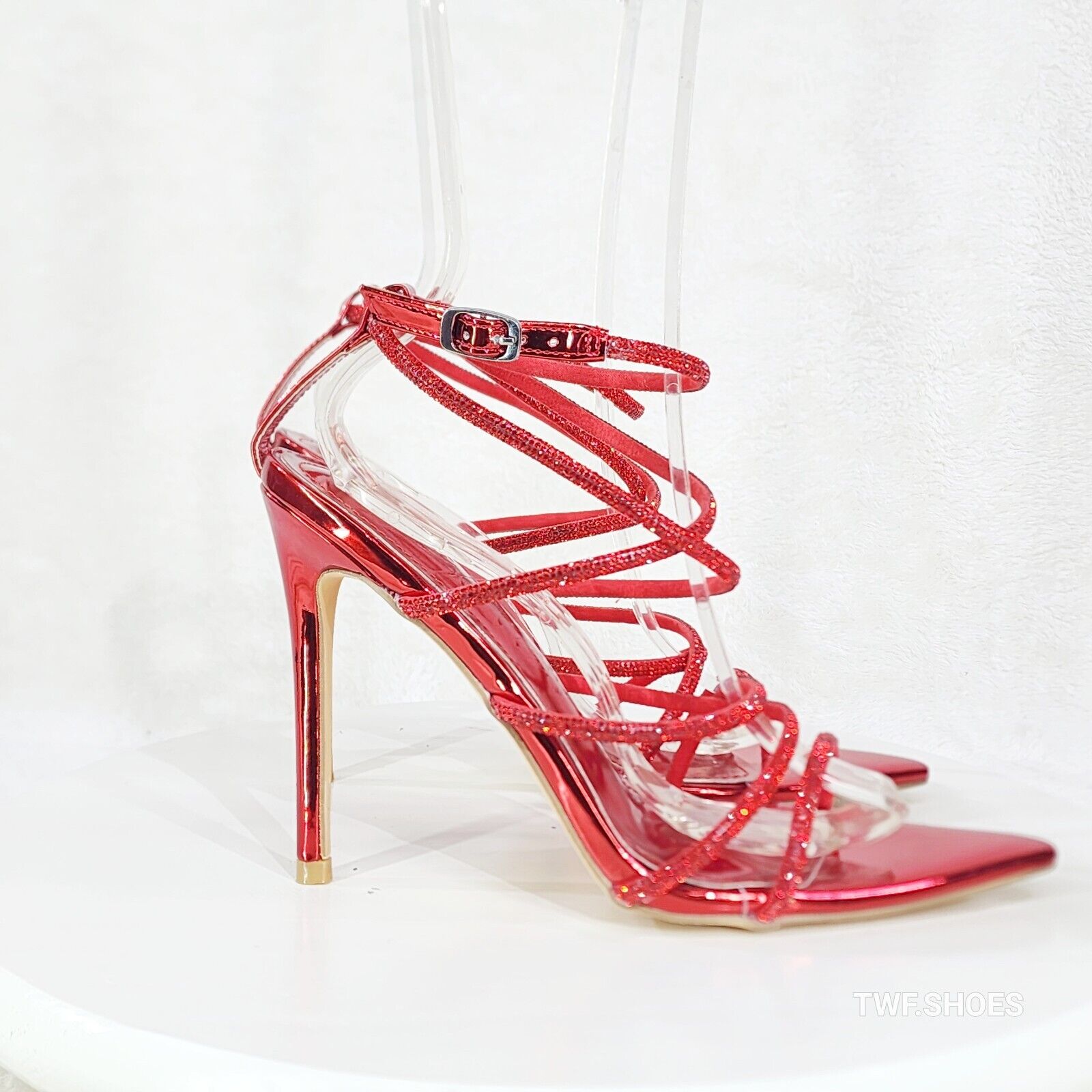 Party Town Red Metallic Strappy Rhinestone Pointy Toe High Heels - Totally Wicked Footwear
