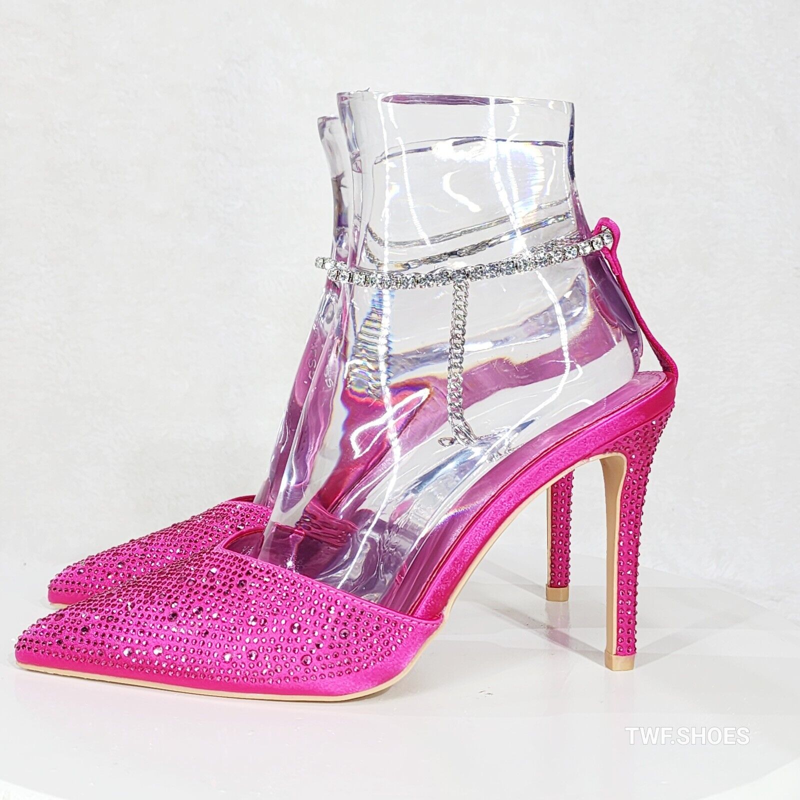 Simply Sexy Ankle Bracelet Hot Pink Rhinestone Pointy Toe High Heels Shoes - Totally Wicked Footwear