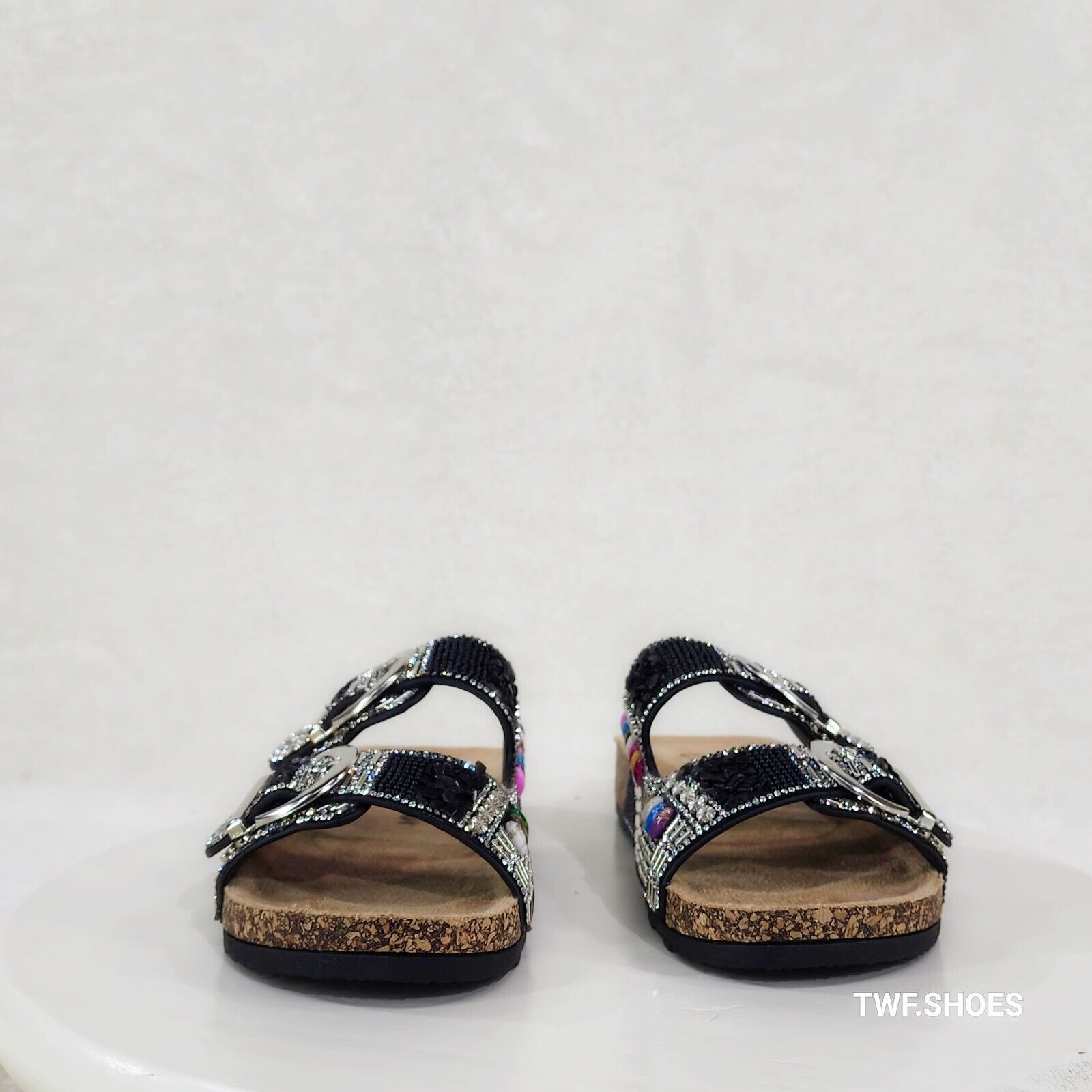 Zany Double Buckle Strap Rhinestone Beaded Slip on Mule Sandals - Totally Wicked Footwear
