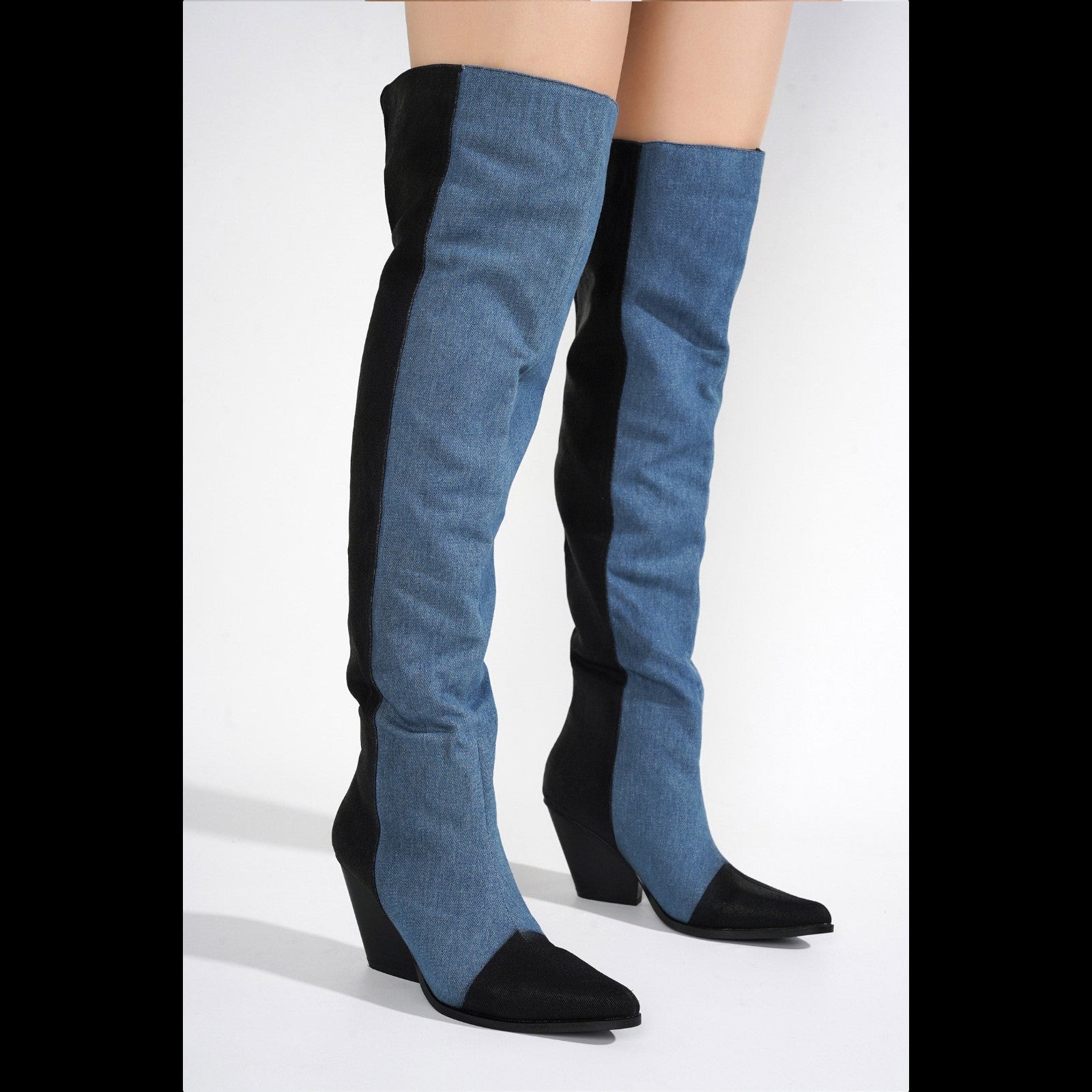 Iowa Denim 2 Tone Western Cowgirl Pull On Thigh High Boots