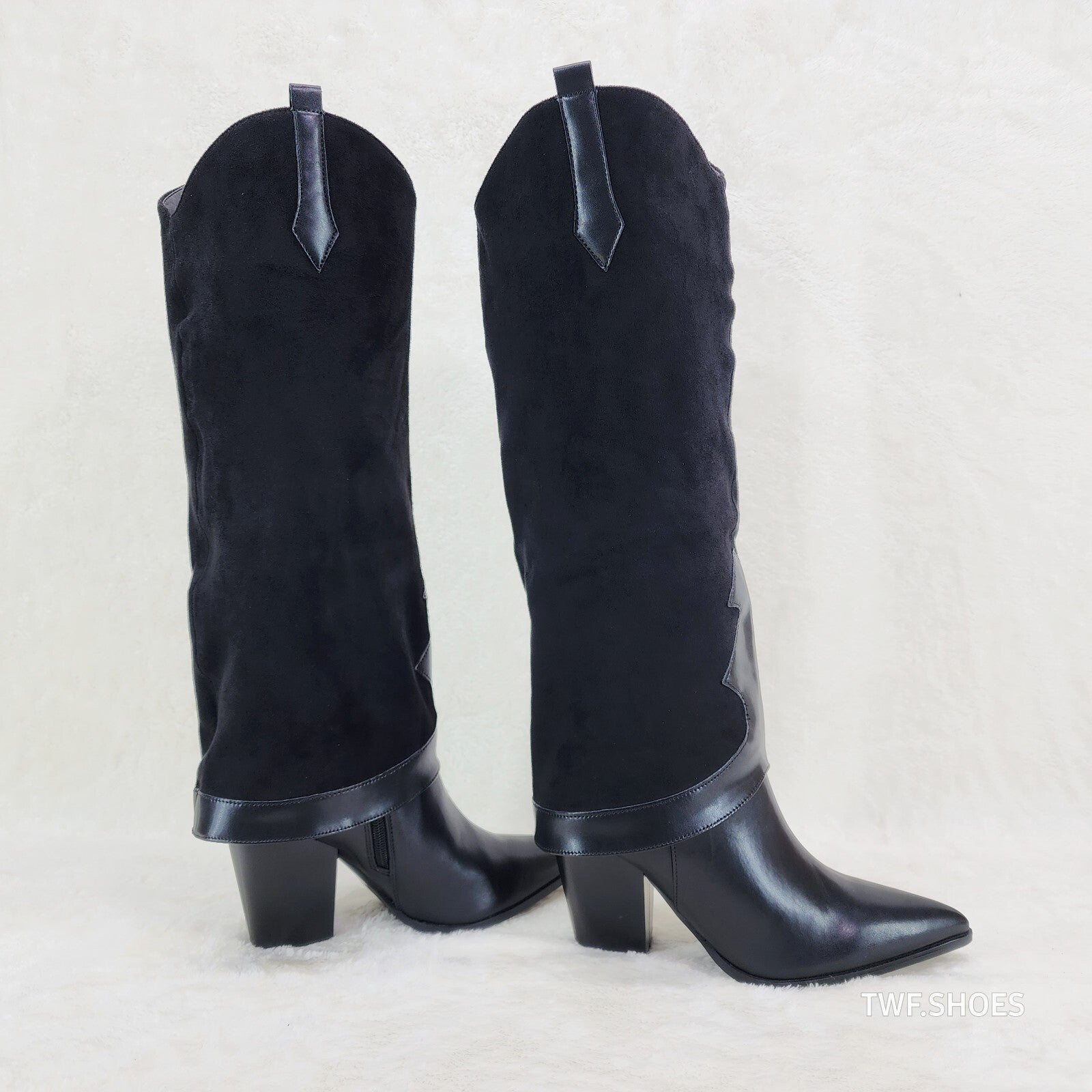 Branded Black Skirted Fold Over Western Knee High Cowgirl Boots