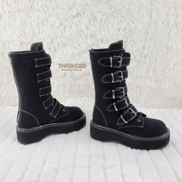 Emily 341 Black Canvas 2" Platform Mid Calf Combat Boots NY DEMONIA - Totally Wicked Footwear