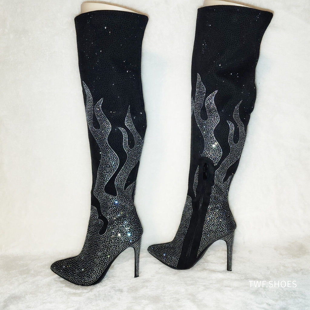 Fiery Desire Black & Silver Rhinestone Flame Detail Sexy OTK Thigh Boots - Totally Wicked Footwear