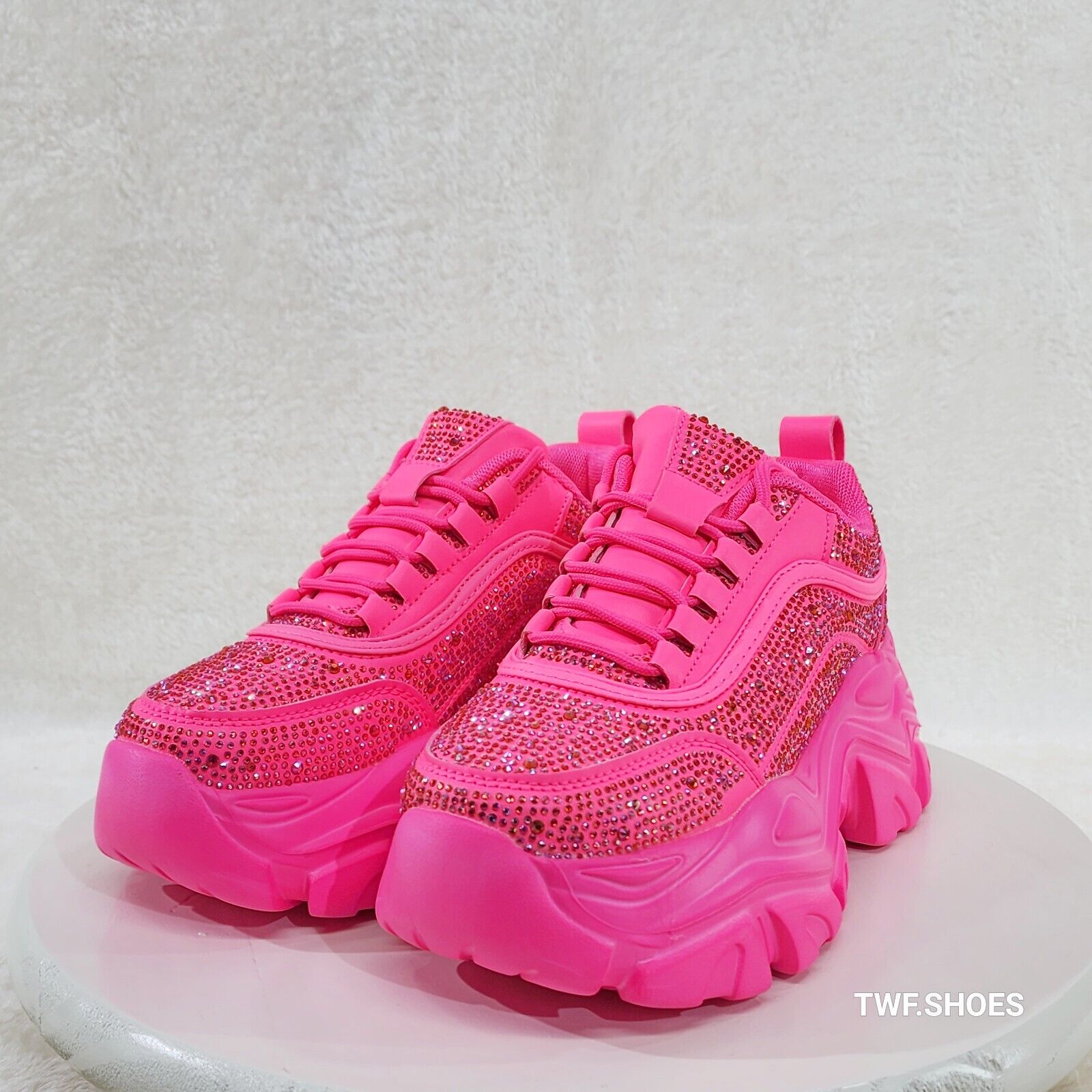 Cush Sport Rhinestone Comfy Platform Light Weight Sneakers Hot Pink - Totally Wicked Footwear