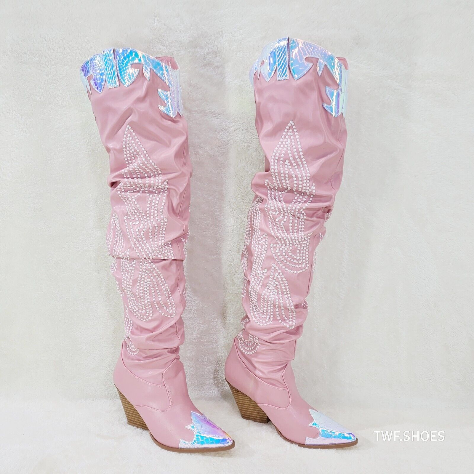 Iconic Country Western Thigh high Cowgirl Boots Baby Pink Hologram Trim - Totally Wicked Footwear