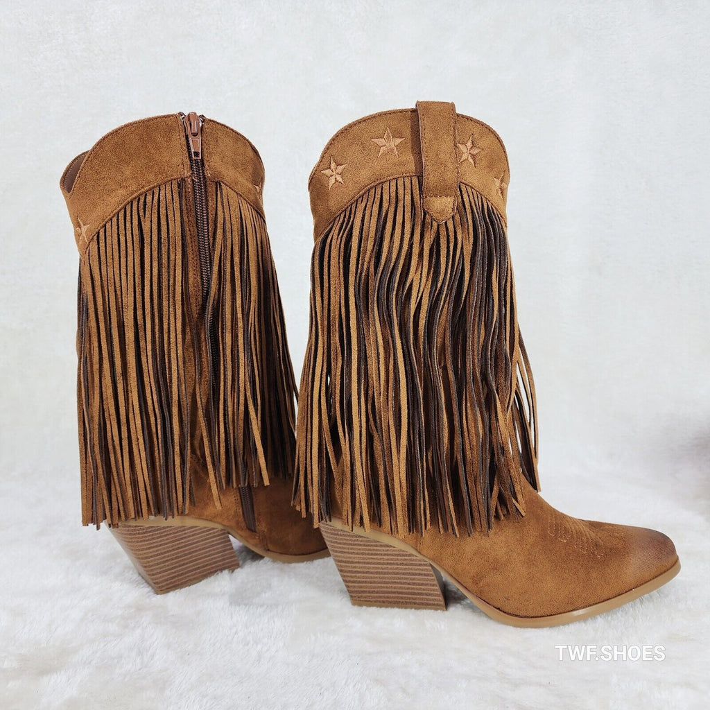 Dusty Trails Mid Calf Whiskey Brown Fringe Country Western Cowgirl Boots - Totally Wicked Footwear