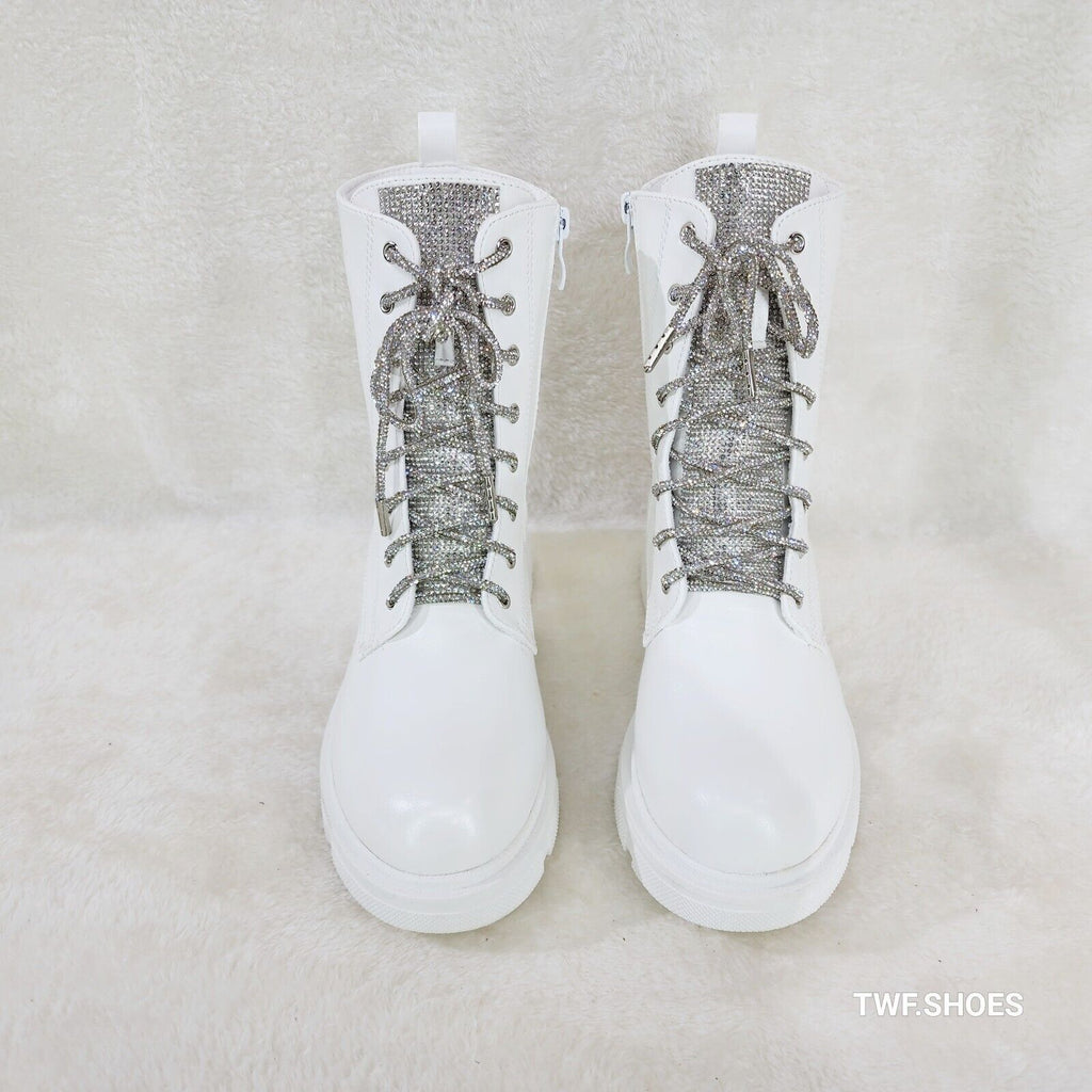 Rylee White Combat Ankle Boots Iridescent Rhinestone Tongue & Rope Laces - Totally Wicked Footwear