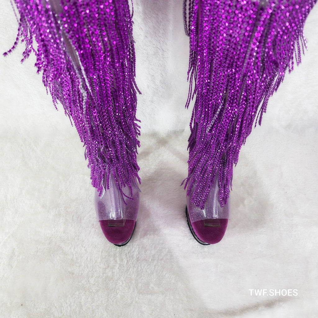 Illusion Fuchsia Pink Textured Platform Fringe High Heel Open Toe Knee Boots