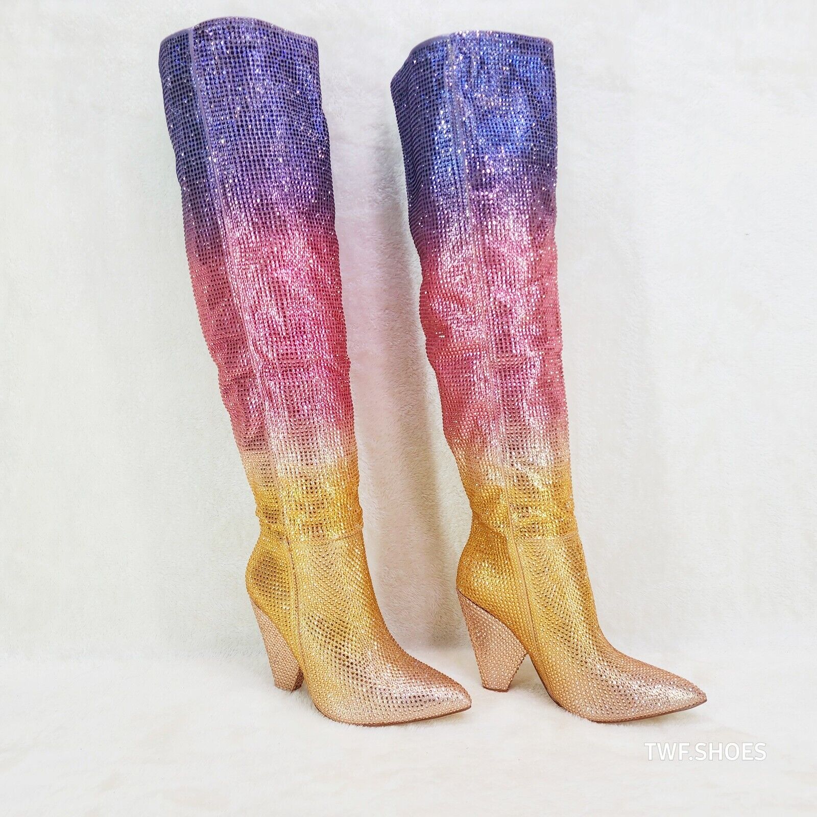 Vegas Gold Ombre Rhinestone OTK Thigh boots 4.25" Heels Party Boots Pink Purple - Totally Wicked Footwear