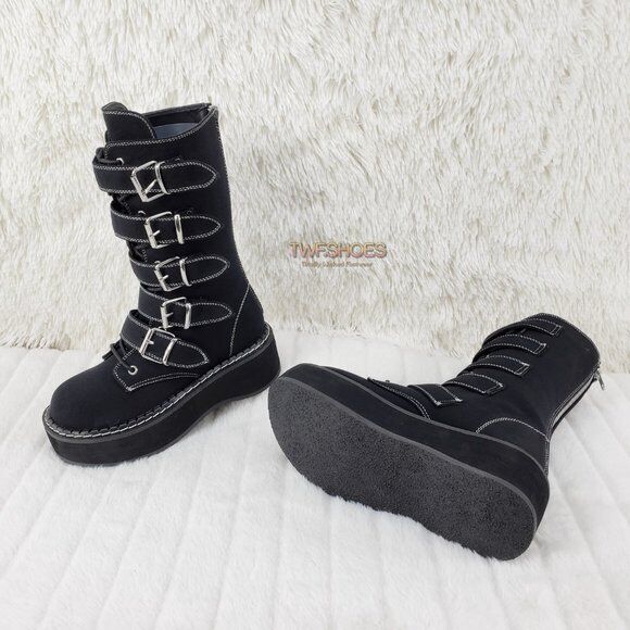 Emily 341 Black Canvas 2" Platform Mid Calf Combat Boots NY DEMONIA - Totally Wicked Footwear