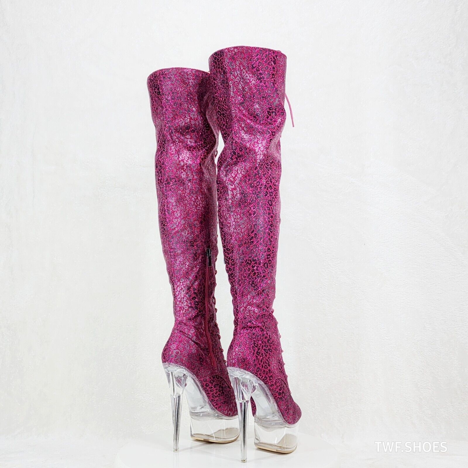 Bulls Purple Glitter Leopard Print OTK Clear Platform High Heel Thigh Boots - Totally Wicked Footwear