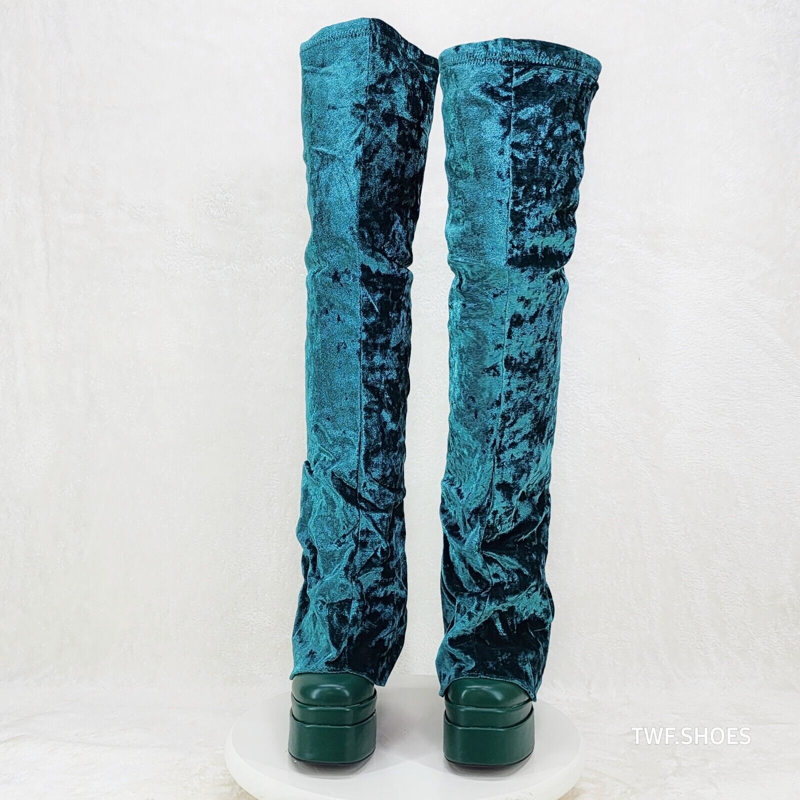Unique Thigh High Green Velvet Fold over Skirted Chunky Heel Platform Boots - Totally Wicked Footwear