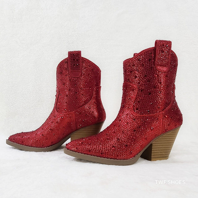 Dolly Red Rhinestone Glitter Disco Cowgirl Country Glam Western Ankle Boots - Totally Wicked Footwear