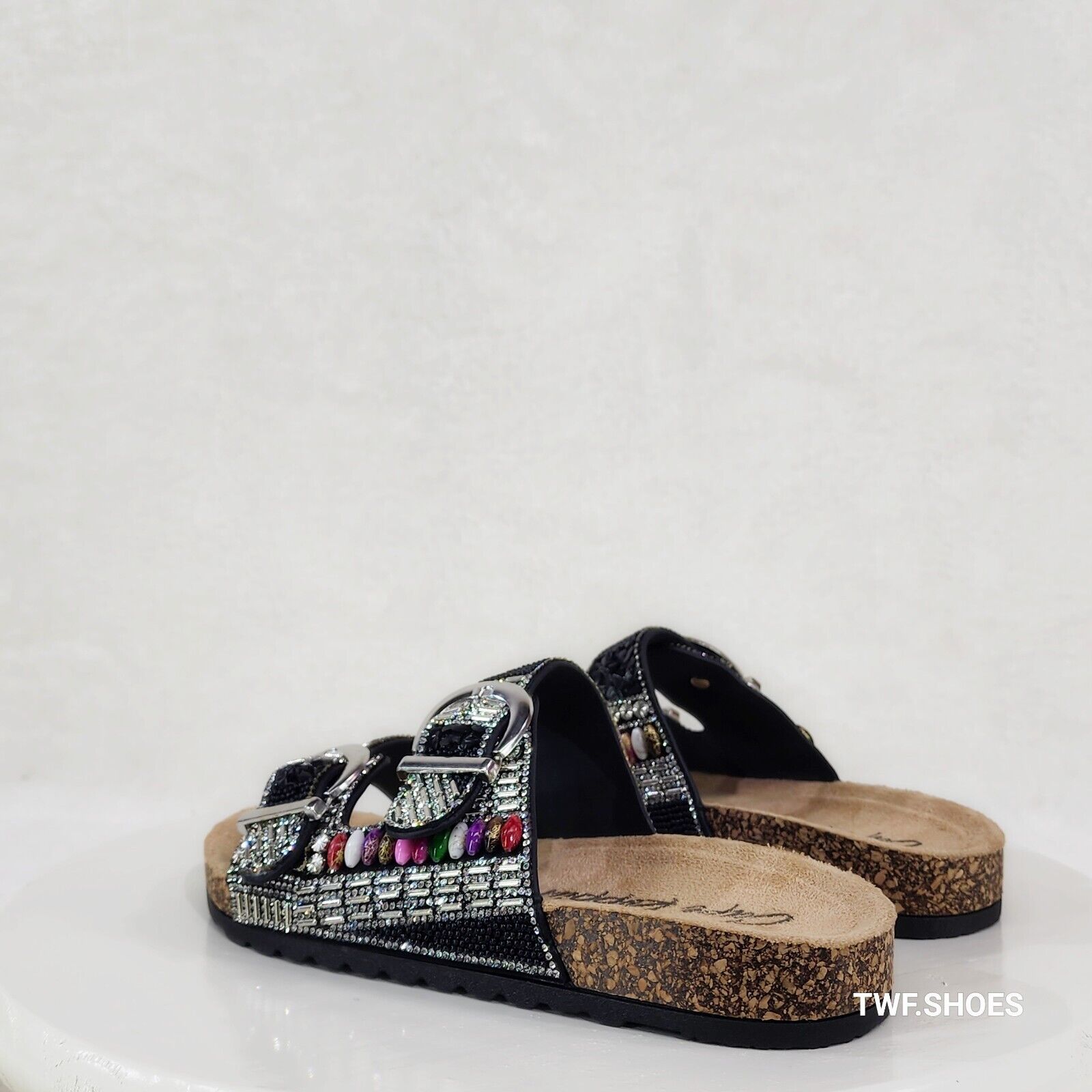 Zany Double Buckle Strap Rhinestone Beaded Slip on Mule Sandals - Totally Wicked Footwear