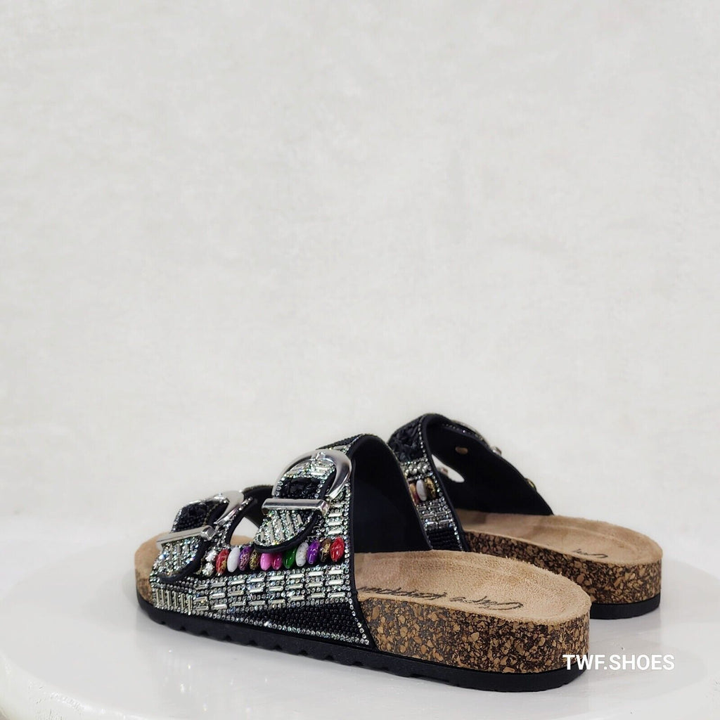 Zany Double Buckle Strap Rhinestone Beaded Slip on Mule Sandals