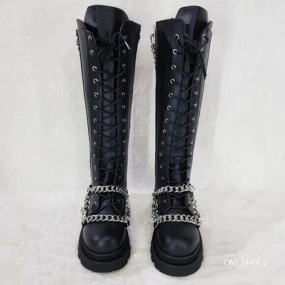 Renegade Lace Up Draped Chain Combat Knee High Boots Goth Punk Rocker Biker Boot