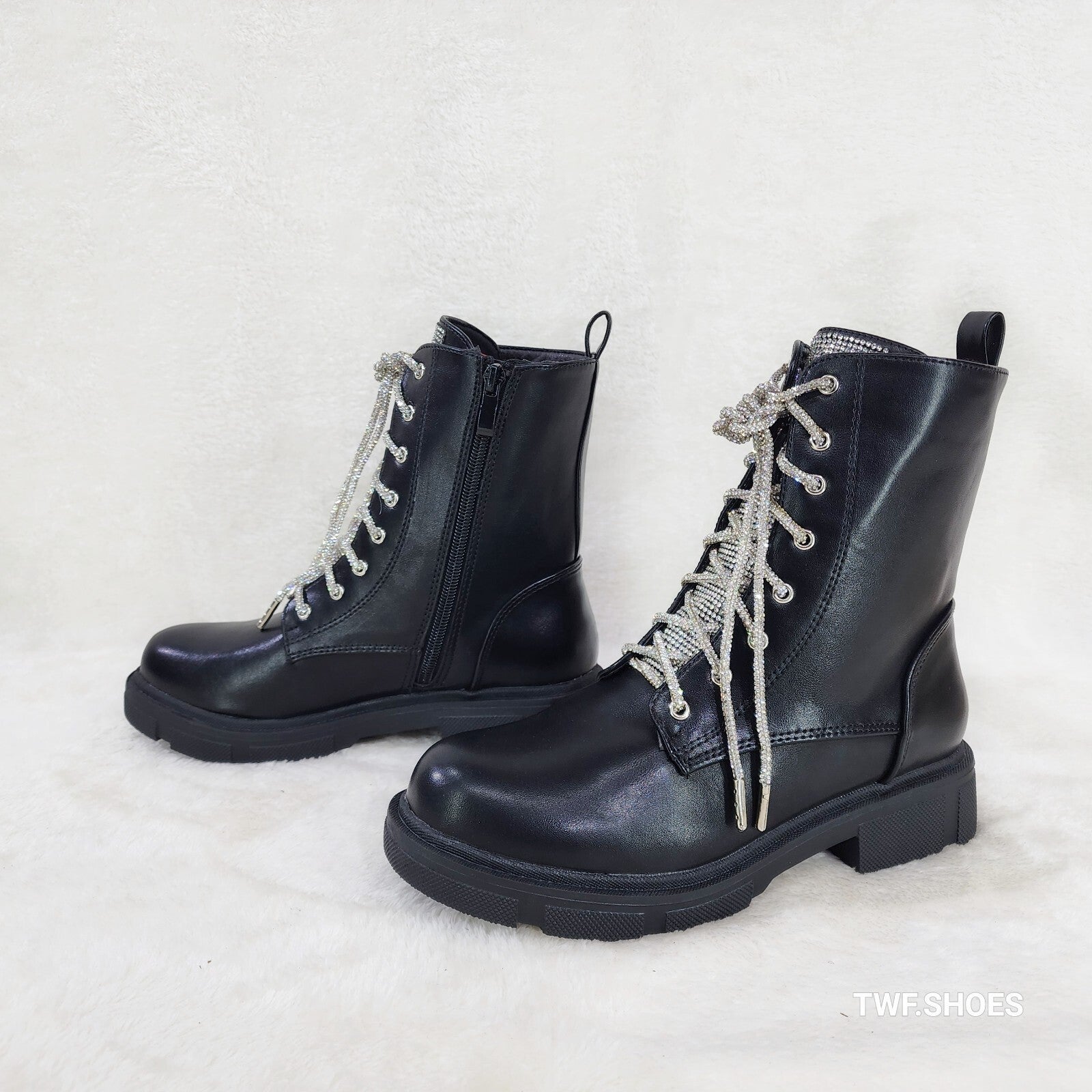 Rylee Black Combat Ankle Boots Iridescent Rhinestone Tongue & Rope Laces