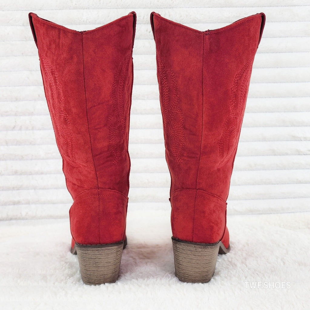 Wild Ones Red Faux Suede Pull On Mid Calf Cowboy Cowgirl Boots - Totally Wicked Footwear