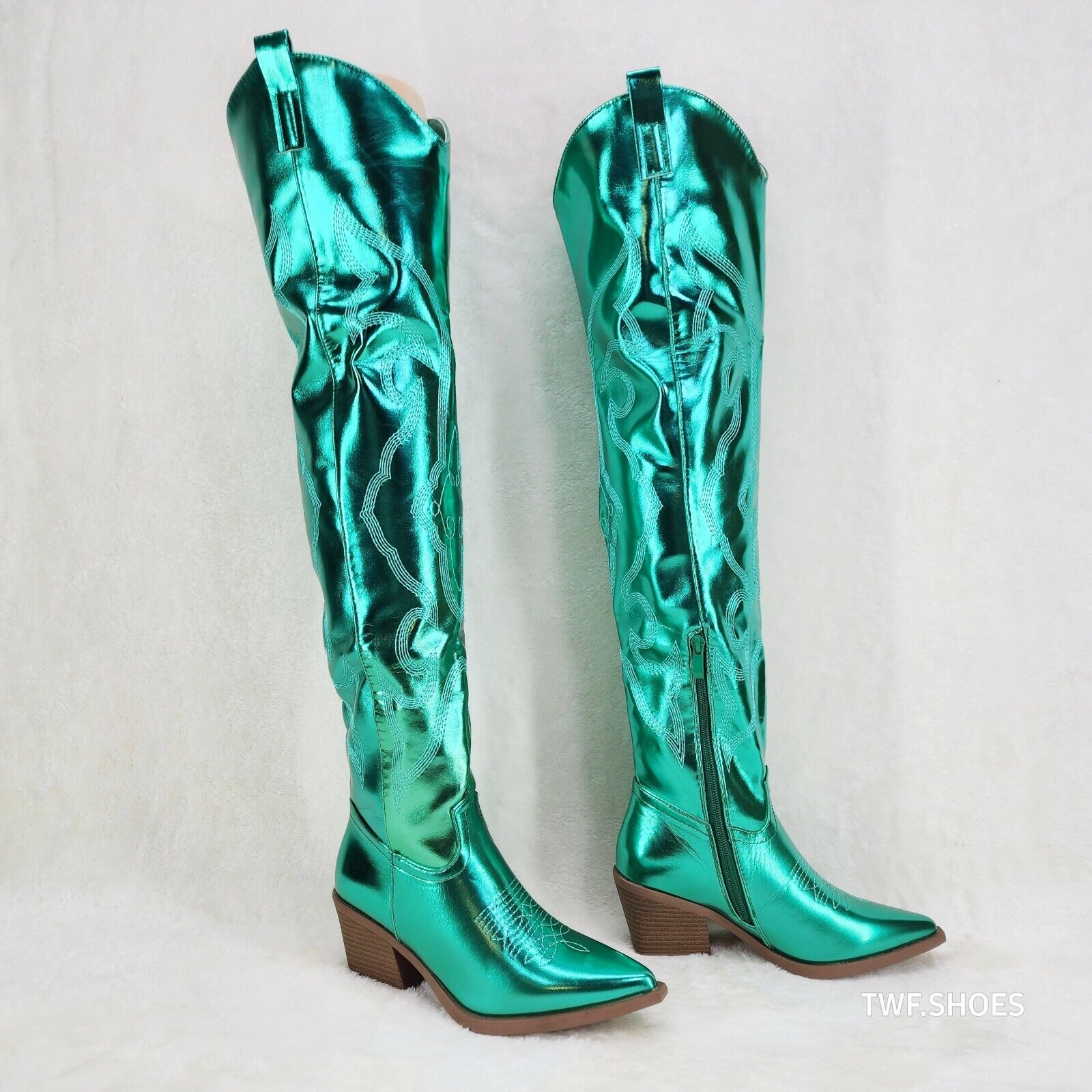 Country Disco Cowboy Metallic Green Western Cowgirl OTK Thigh Boots - Totally Wicked Footwear