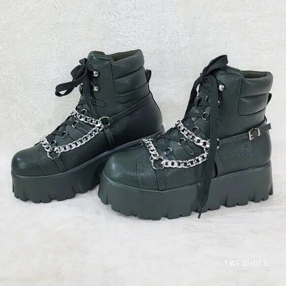 Emo Stomp 2" Platform Stomper Ankle Boots With Chain Design Faux Leather Green